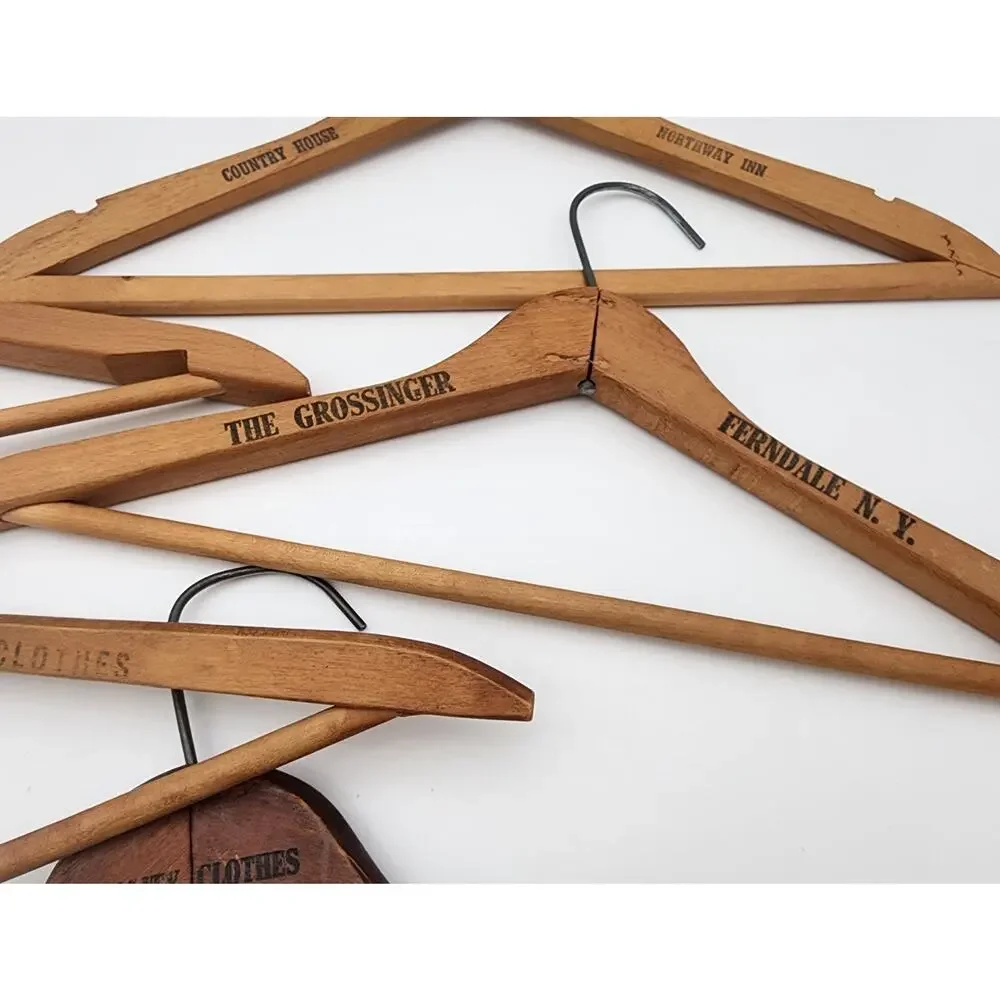 Vtg Lot of 5 Wood Coat Hangers Hotel Dept Store Advertising Syracuse New Yorker